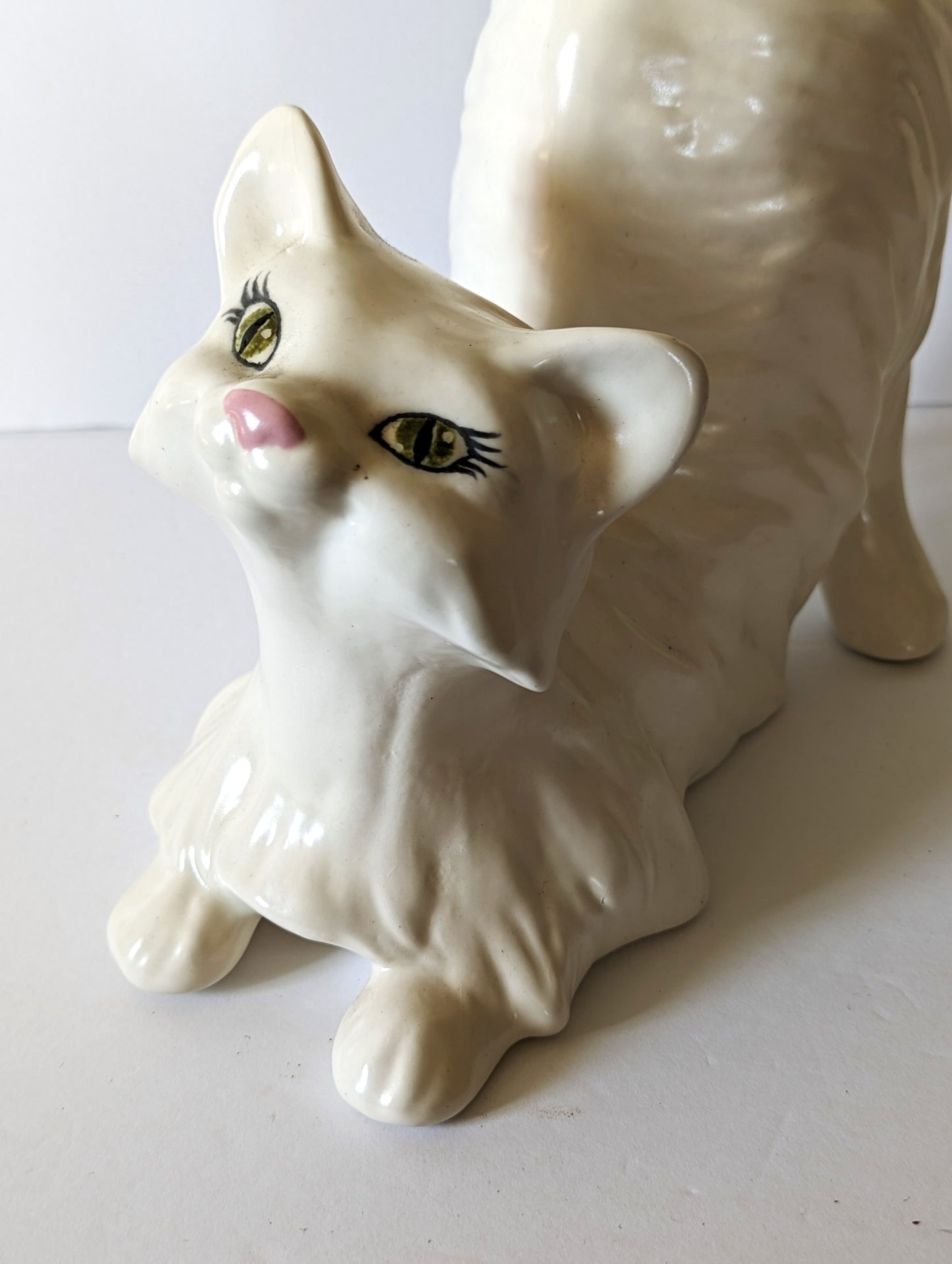 Vintage MCM Persian Large White Ceramic Cat Playful Tail 12" Tall