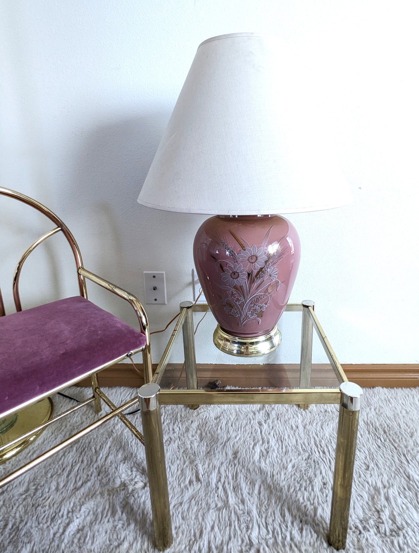 Vintage Postmodern Asian Ginger Jar Glass Floral Pink Table Lamp