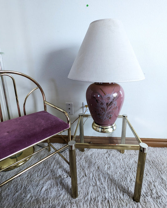 Vintage Postmodern Asian Ginger Jar Glass Floral Pink Table Lamp