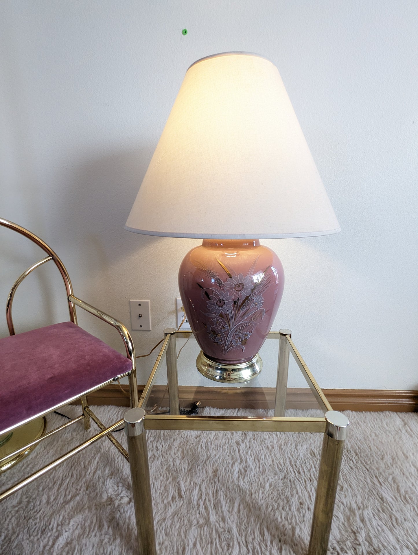 Vintage Postmodern Asian Ginger Jar Glass Floral Pink Table Lamp