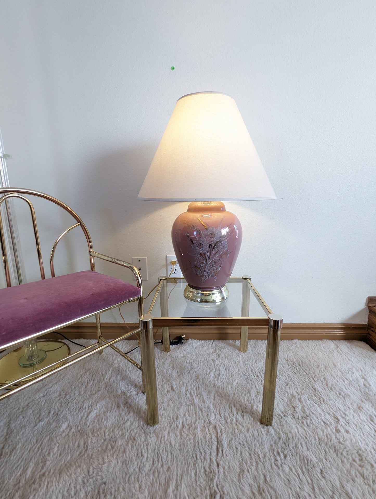 Vintage Postmodern Asian Ginger Jar Glass Floral Pink Table Lamp