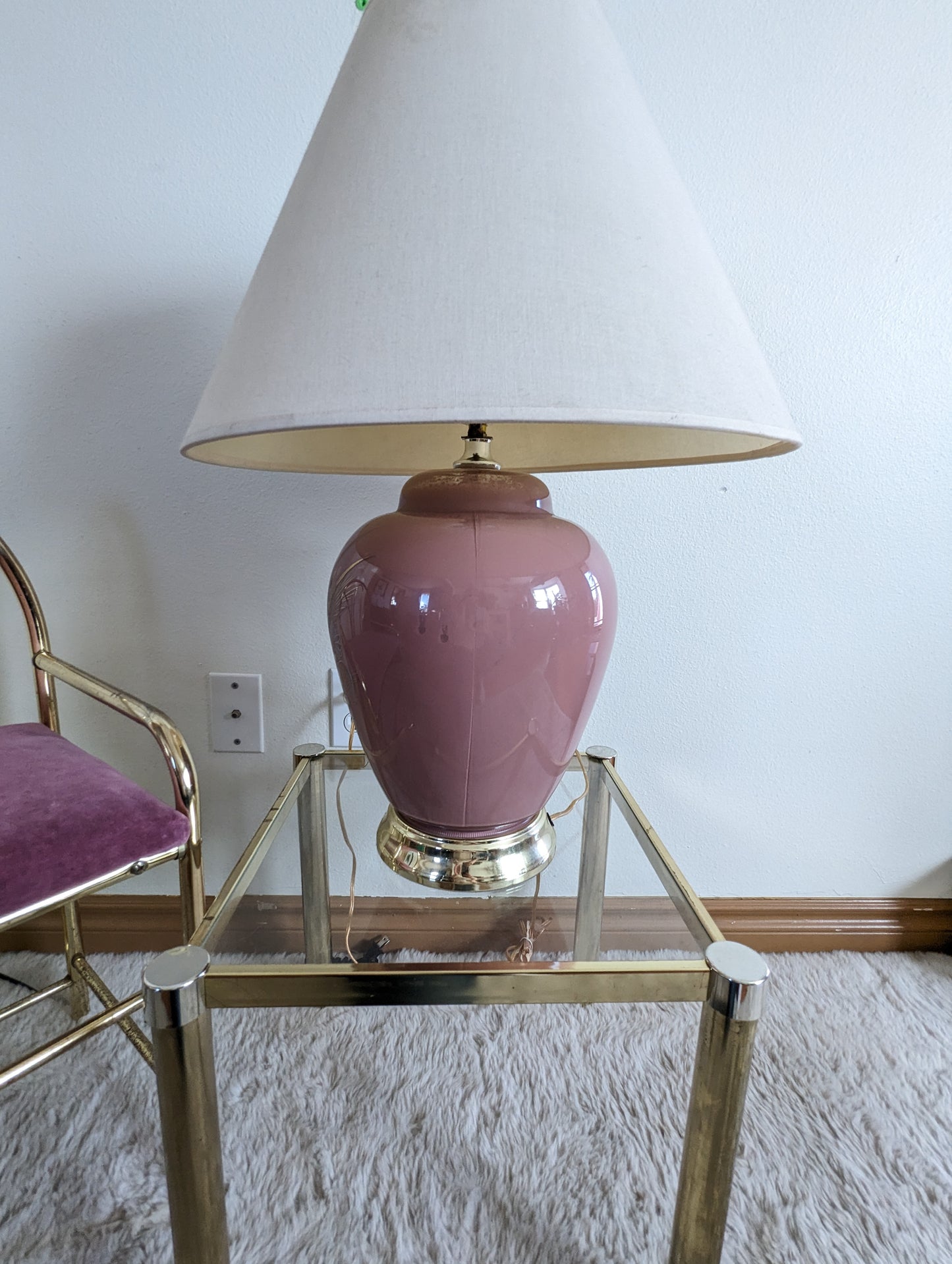 Vintage Postmodern Asian Ginger Jar Glass Floral Pink Table Lamp