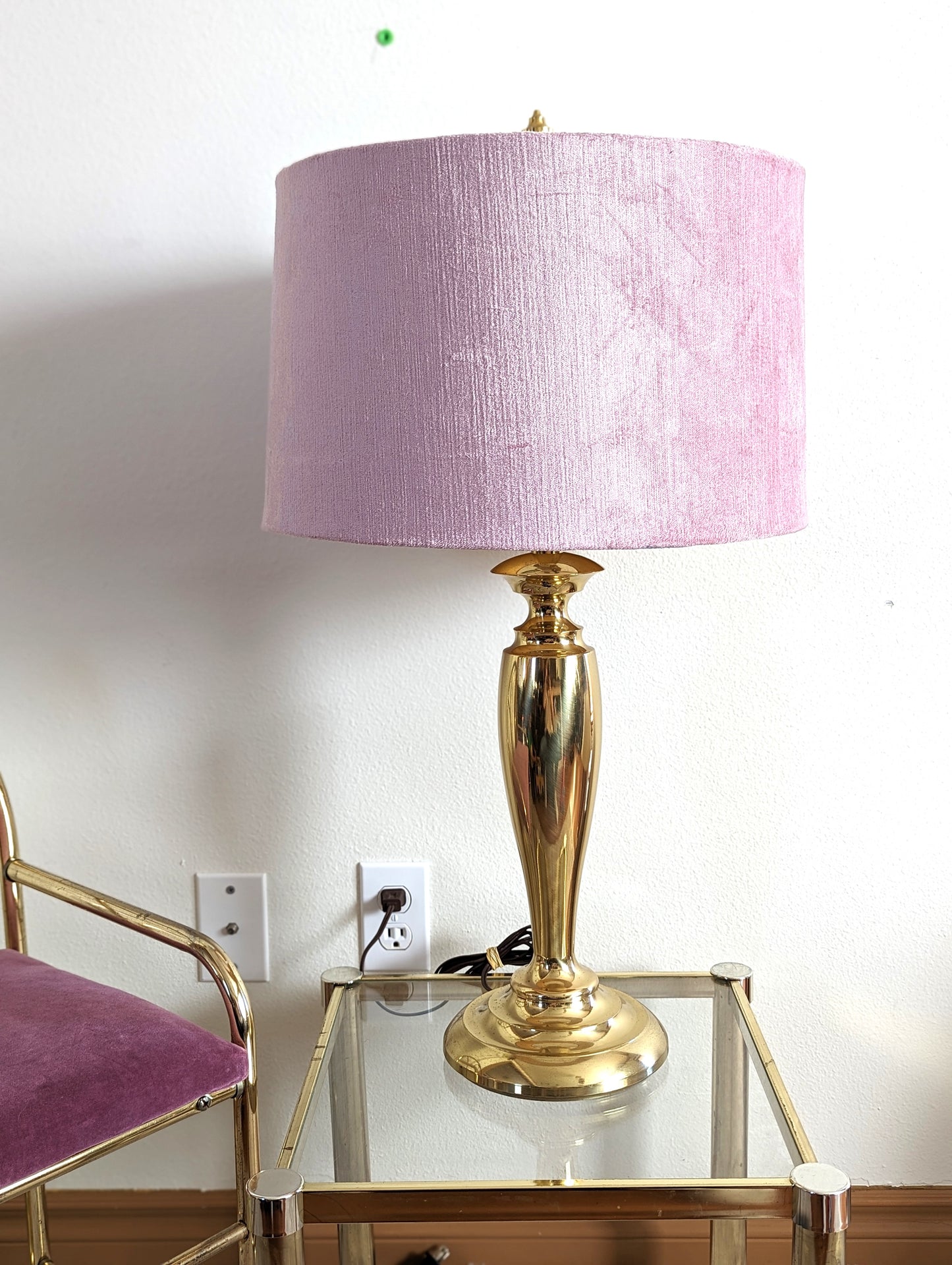 Vintage Postmodern Stiffel Brass Table Lamp with Pink Velvet Shade