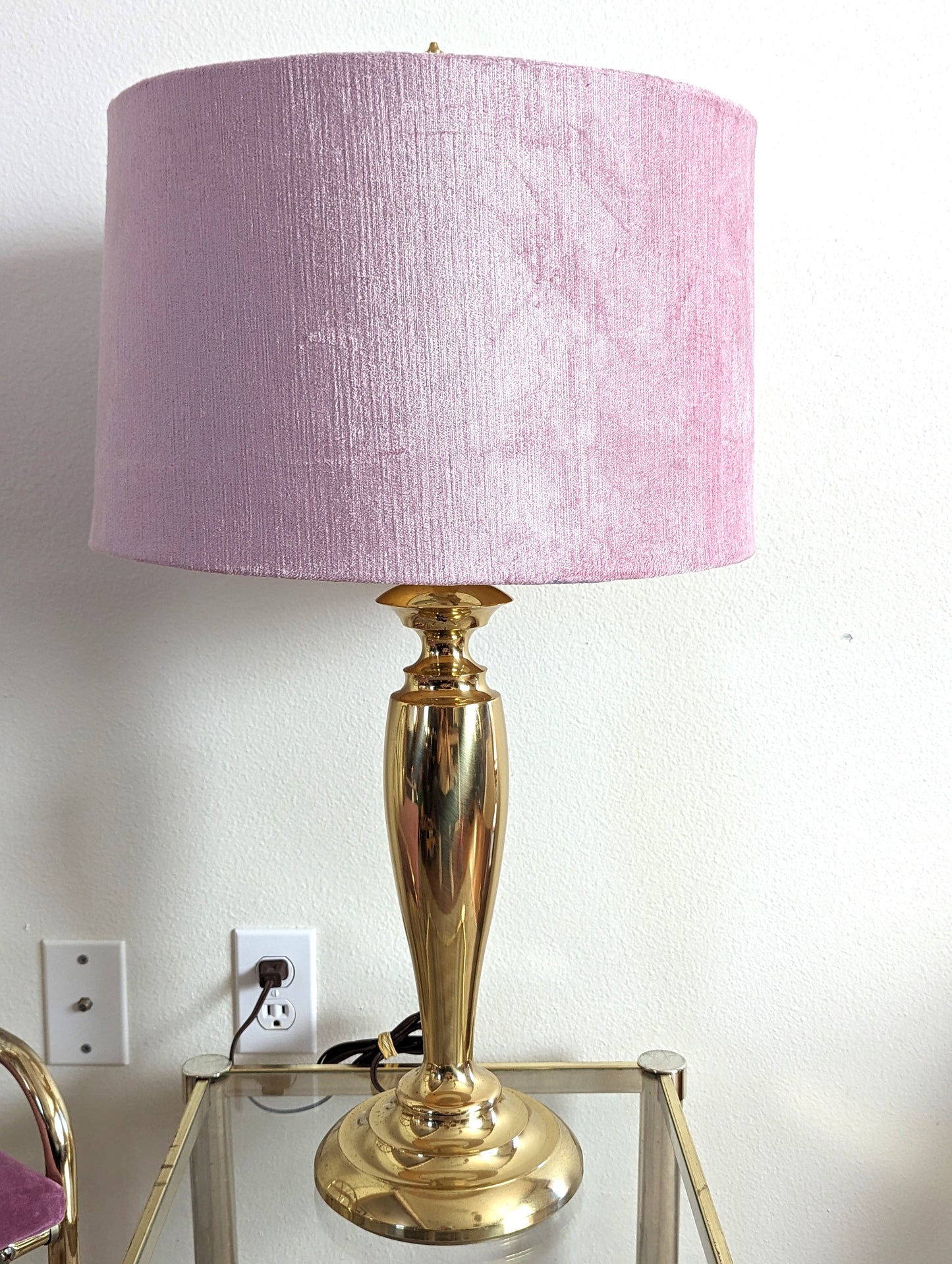 Vintage Postmodern Stiffel Brass Table Lamp with Pink Velvet Shade