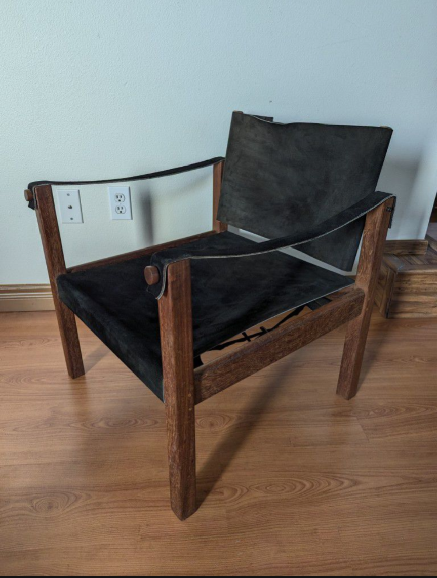 MCM Vintage Solid Teak & Black Suede Leather Safari Sling Chairs $595 / each