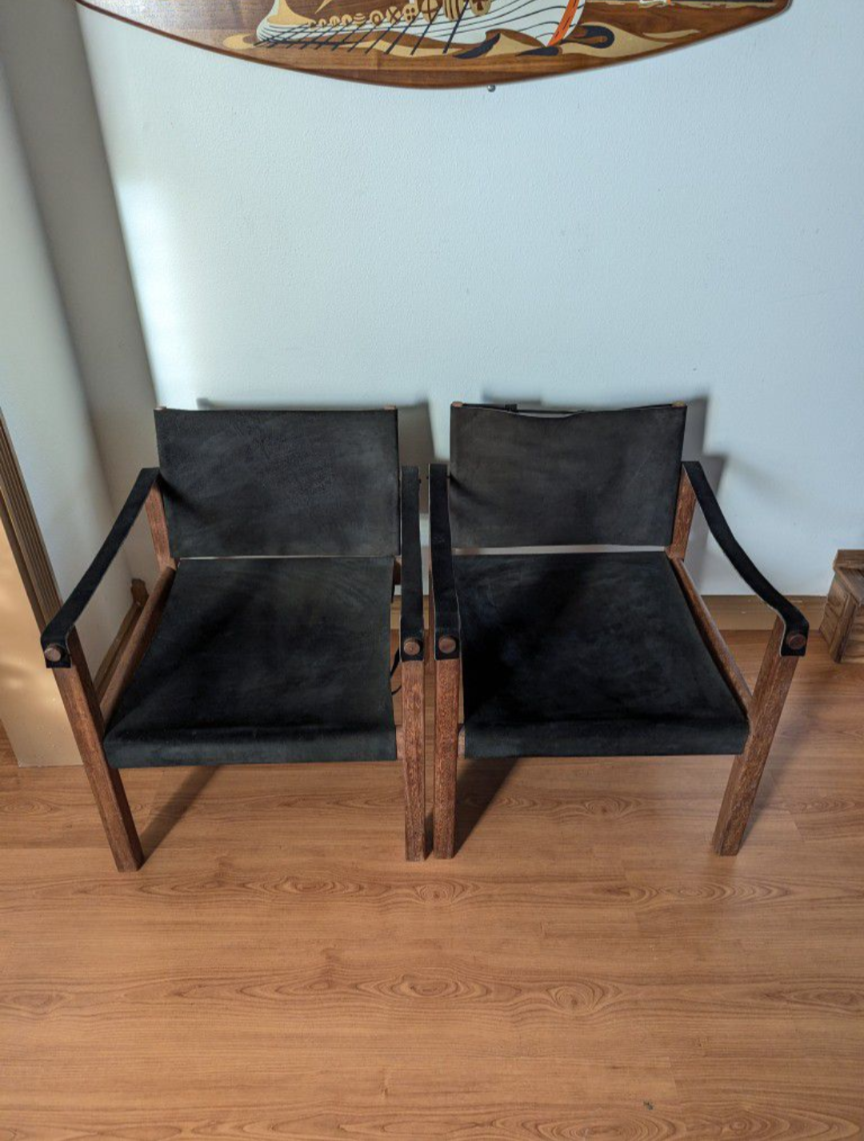 MCM Vintage Solid Teak & Black Suede Leather Safari Sling Chairs $595 / each