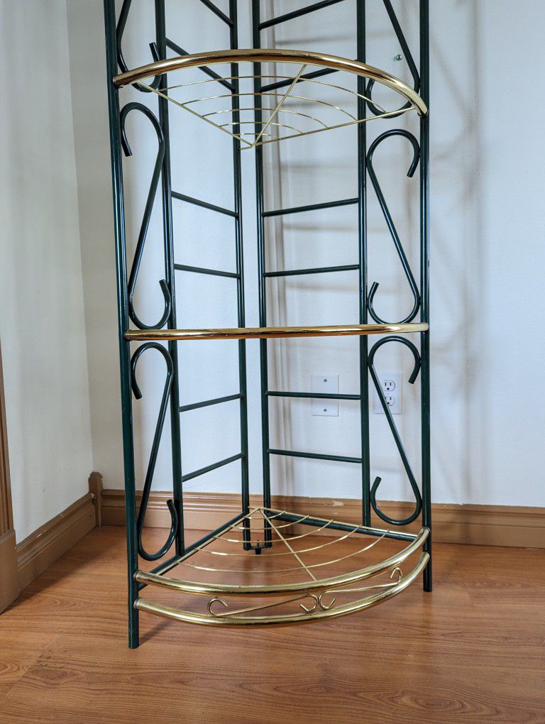 Postmodern Vintage Green & Gold 4 Tiered Corner Plant Shelf Etagere