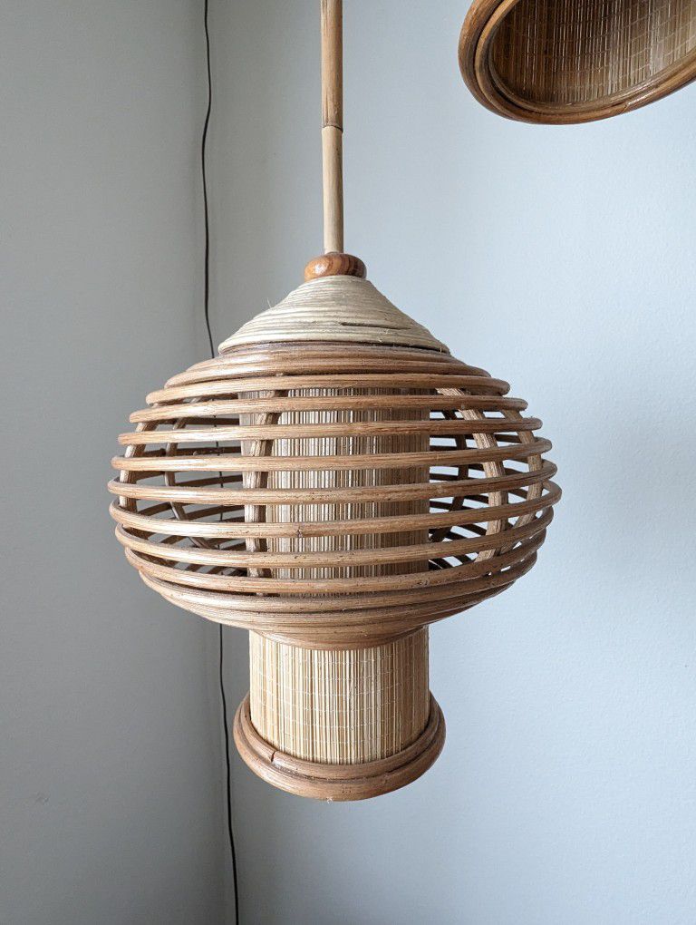 Vintage Boho Bamboo & Rattan 3 Lantern Lights Swag Lamp