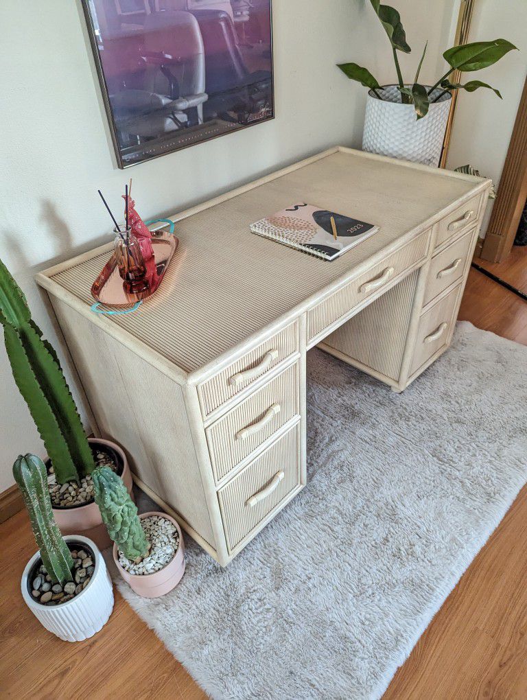 Gabriella Crespi Style Double Pedestal Pencil Reed Desk & Bamboo Chair