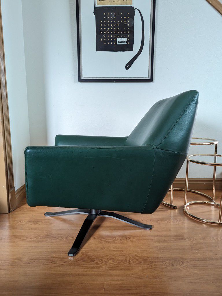 MCM Green Leather Lucas Model Swivel Lounge Chair by West Elm