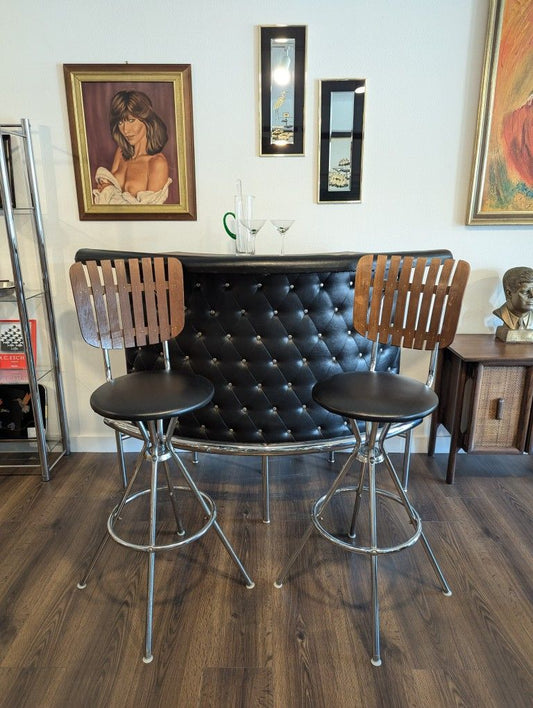 Mid Century Modern Tufted Bar Setup w/ 2 Barstools by Arthur Umanoff