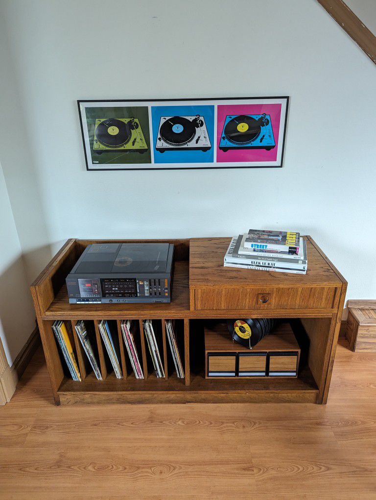 Modular Oak Record Player Stand & Storage Cabinet w/ Bookshelf