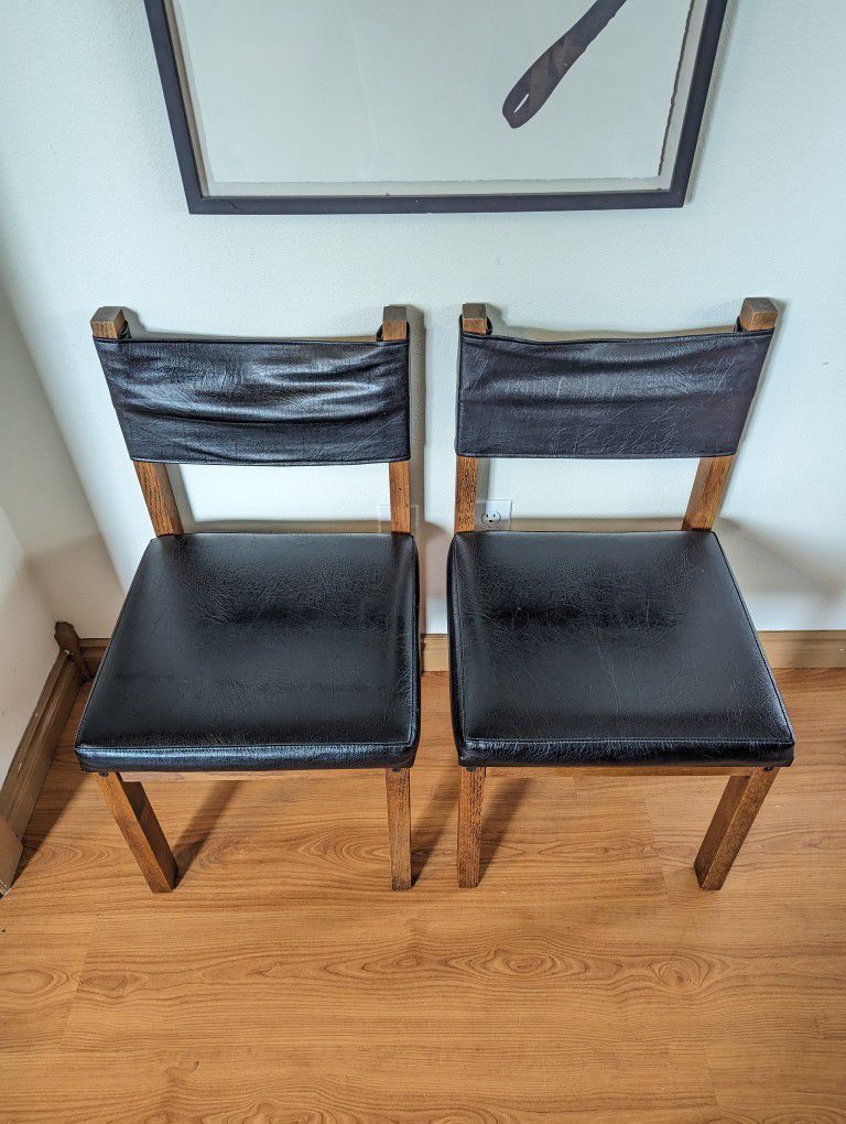 Vintage MCM Pair of Solid Oak & Black Faux Leather Sling Back Chairs $165 Each