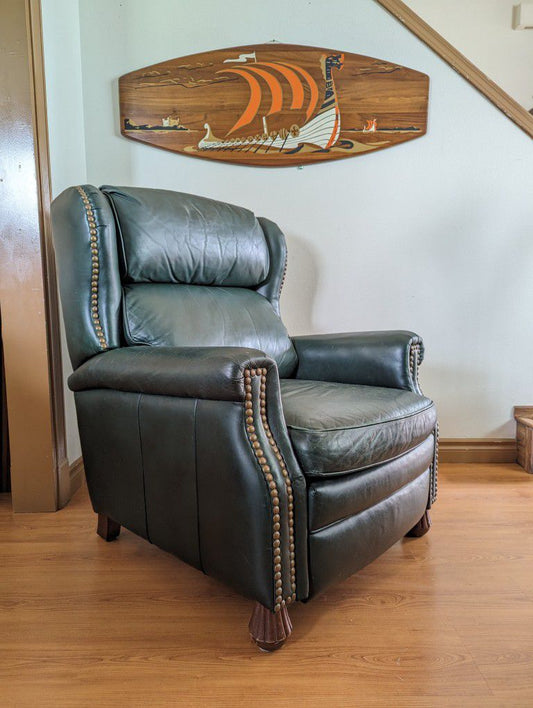 Beautiful Green Leather Presidential Wingback Recliner by Bradington Young