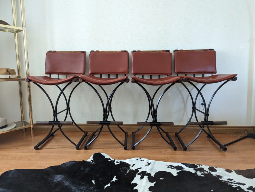 Mid Century Set of Wrought Iron & Wood Barstools