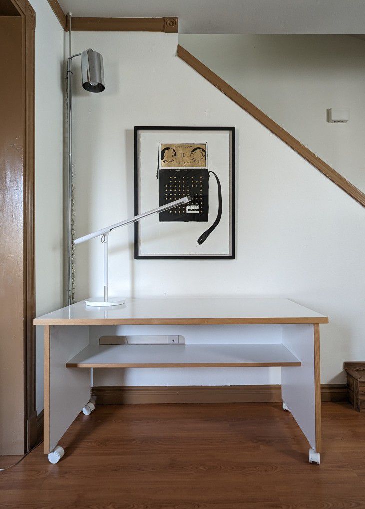 Vintage White Laminate Scandinavian Computer Desk w Wood Trim Casters