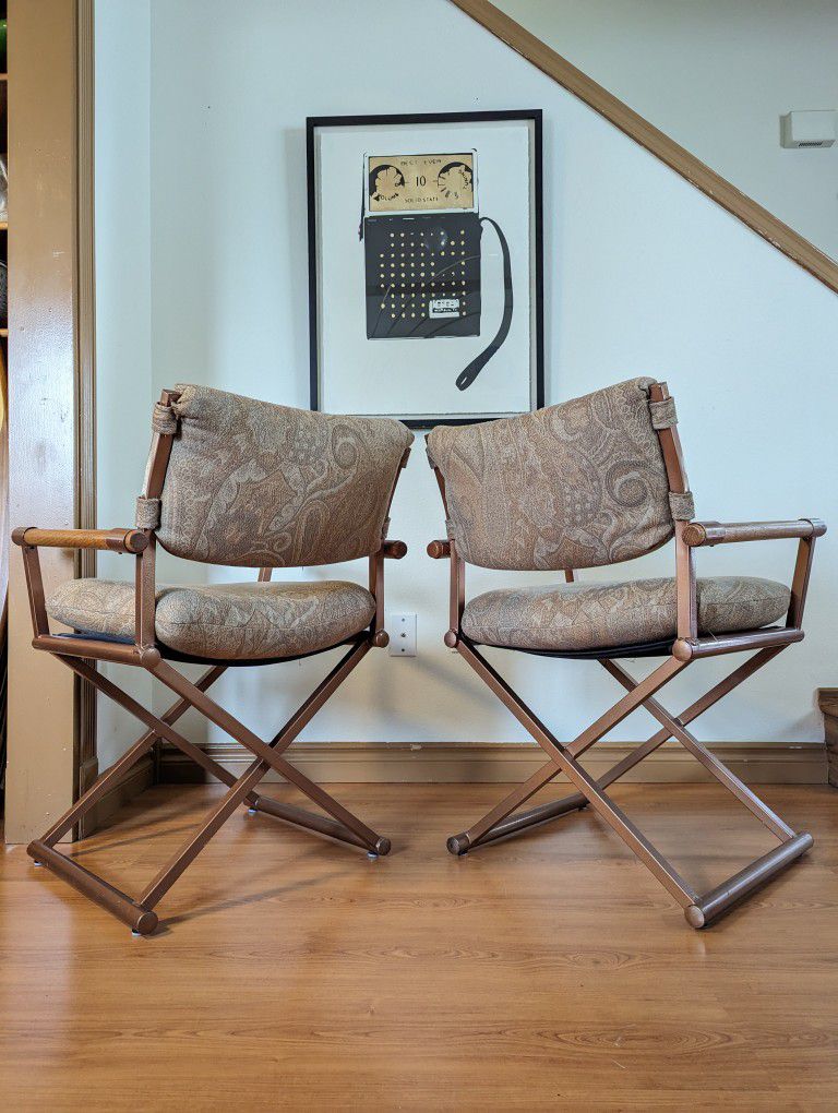 Postmodern Pair of Paisley, Copper & Oak X Framed Directors Chairs