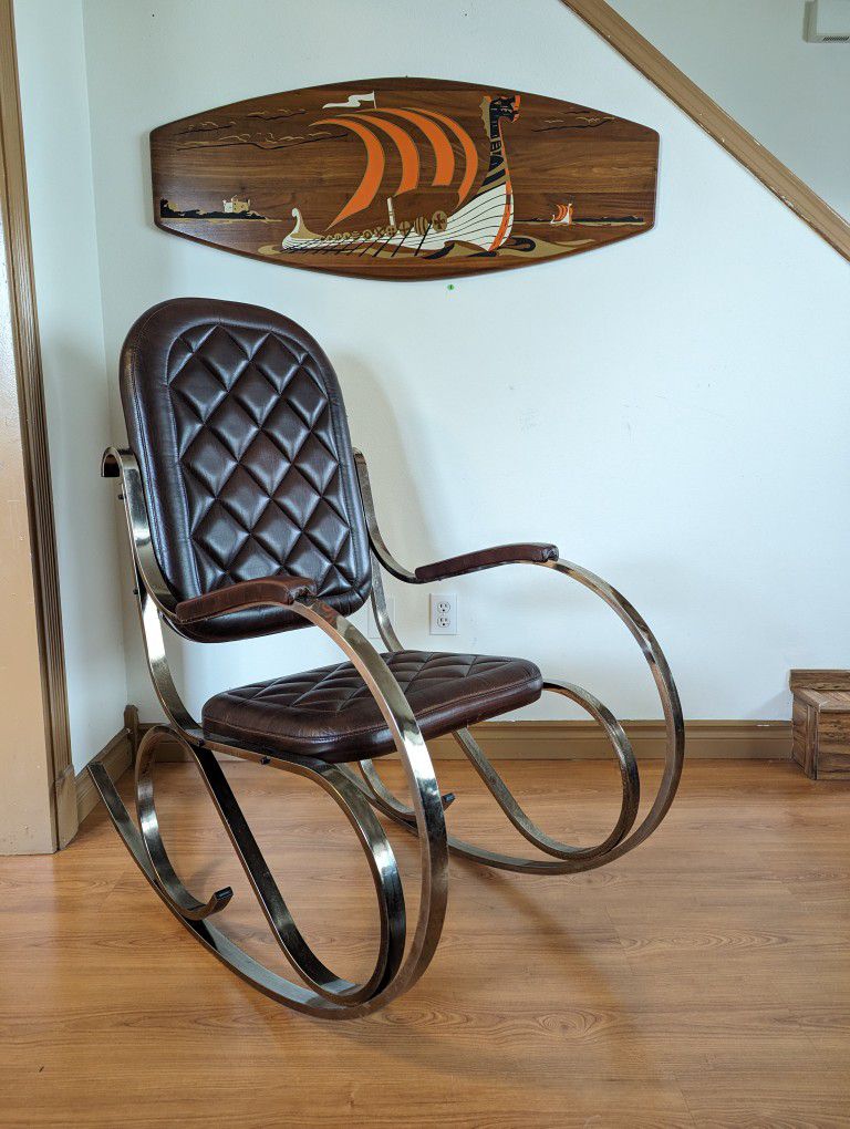 1970's French Chrome & Brown Leather Rocker by Maison Jansen