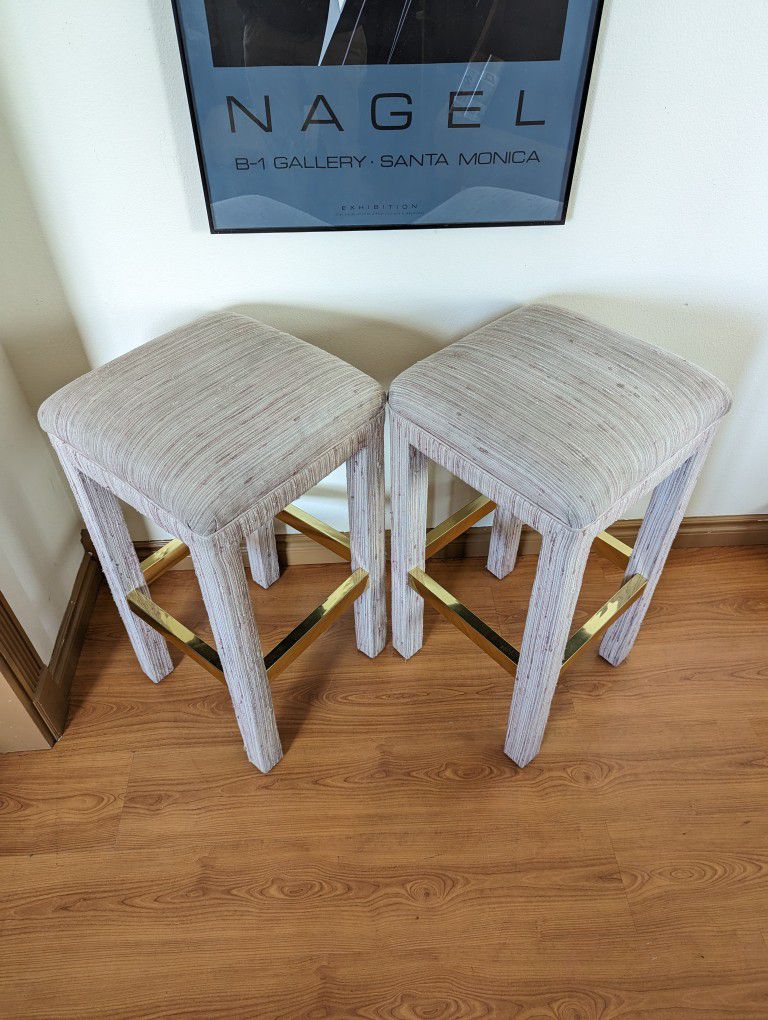 Vintage Pair Of Pink Postmodern Tweed Upholstered Counter / Bar Stools