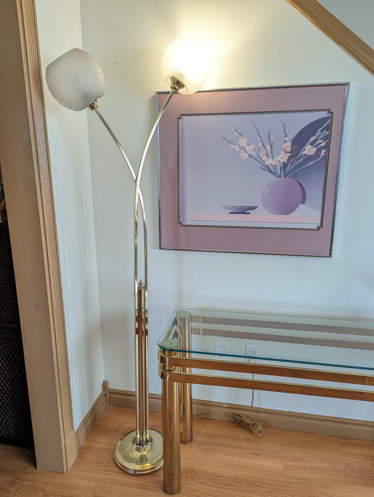 Mid Century Brass & Frosted Glass Lotus Blossom 3 Way Floor Lamp