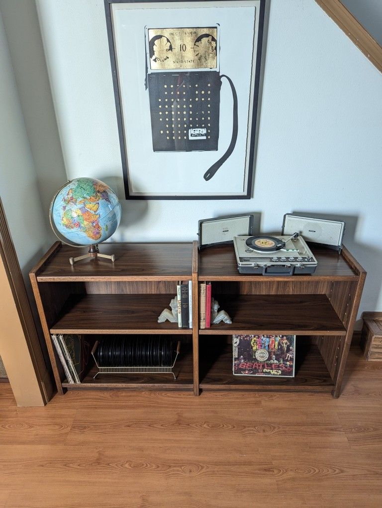 Mid Century Modern Walnut Double Bookshelf / Record Player Stand & Storage