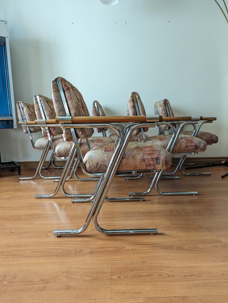 Mid Century Modern Jerry Johnson Style Chrome & Oak 6 Chair Dining Set