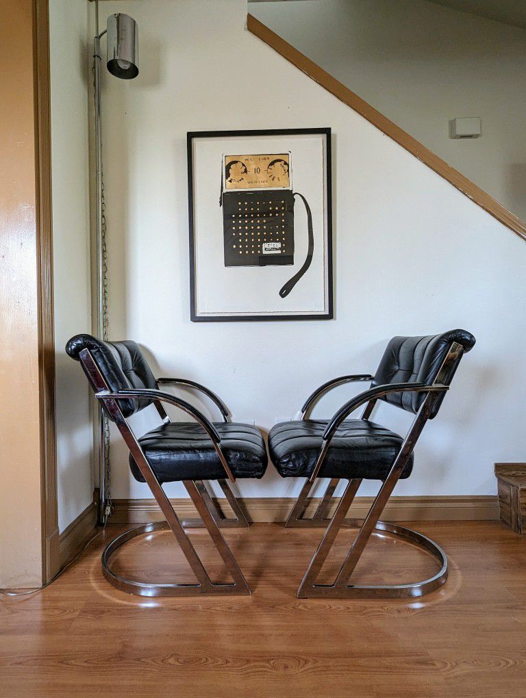 Vintage Postmodern Chrome & Black Leather Pair of Cantilever Z Chairs