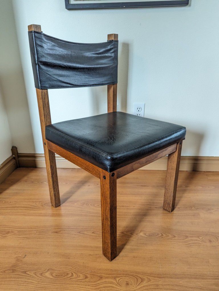 Vintage MCM Pair of Solid Oak & Black Faux Leather Sling Back Chairs $165 Each