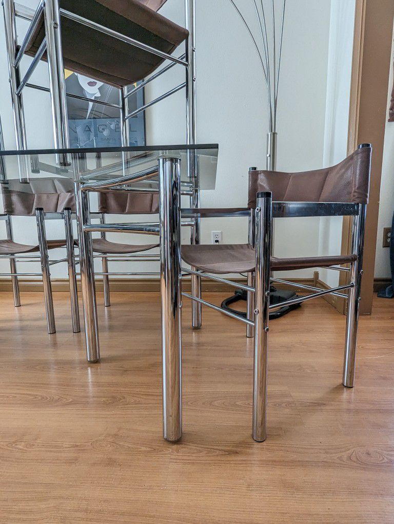 MCM Chrome Dining Table w/ Smoked Glass & 6 Sling Chair Set by John David Inc.