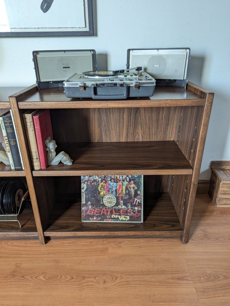 Mid Century Modern Walnut Double Bookshelf / Record Player Stand & Storage