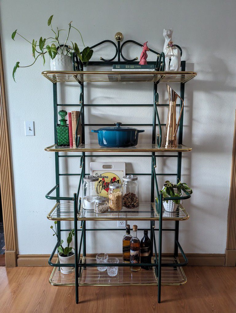 Vintage Postmodern Brass 4 Tiered Bakers Rack Bookshelf Display Etagere