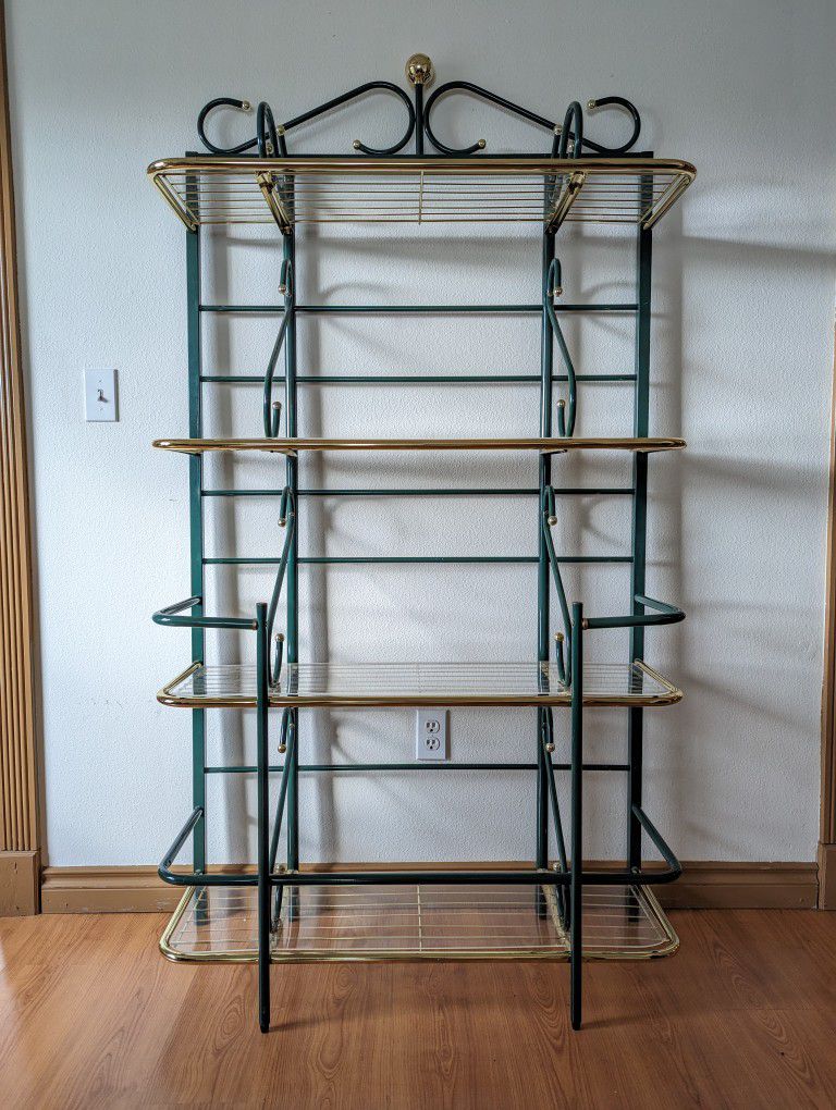 Vintage Postmodern Brass 4 Tiered Bakers Rack Bookshelf Display Etagere