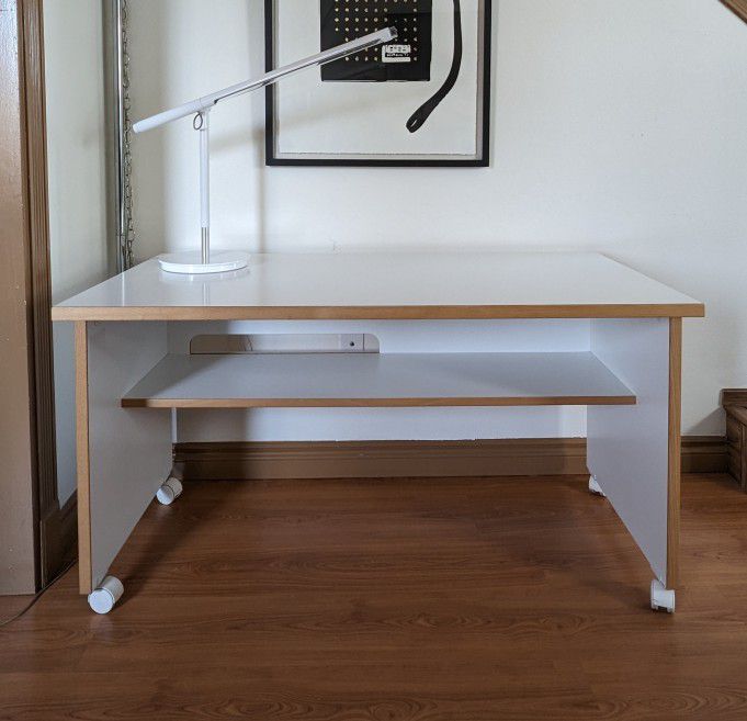 Vintage White Laminate Scandinavian Computer Desk w Wood Trim Casters