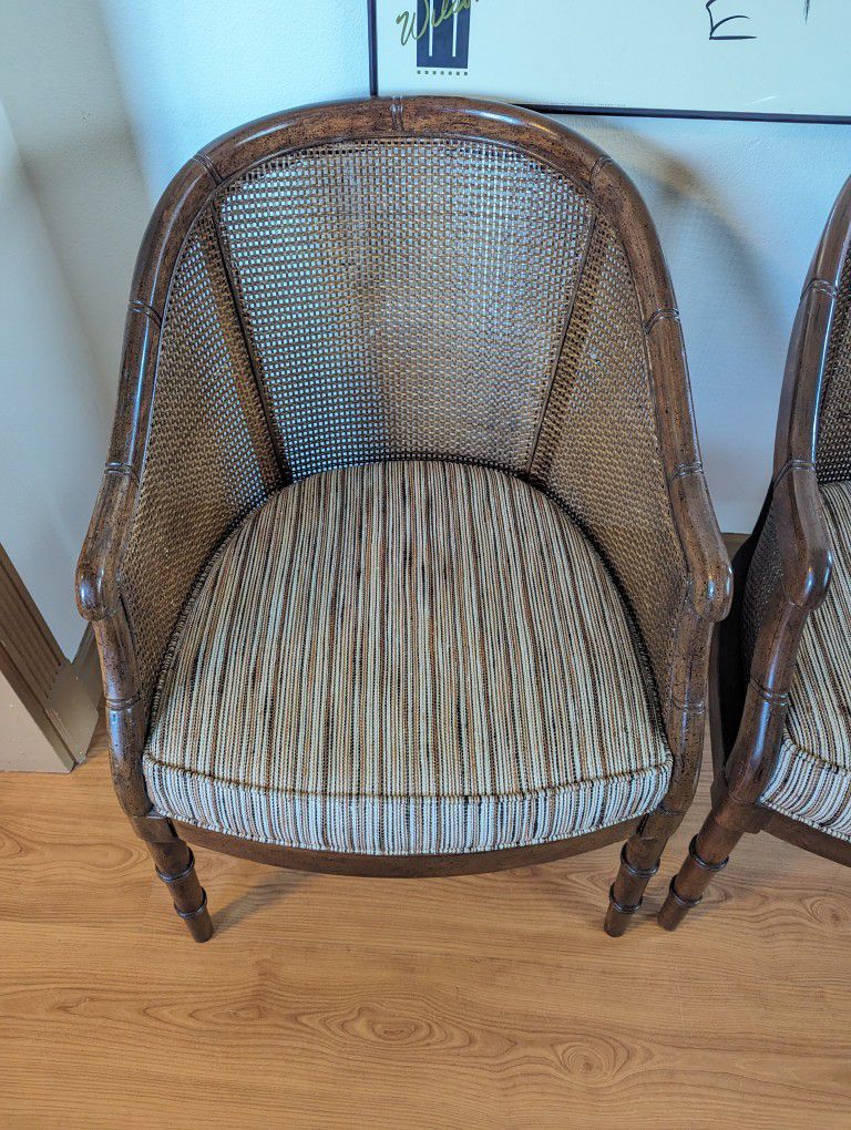 Vintage Pair of Mid Century Faux Bamboo Caned Back Hollywood Regency Chairs