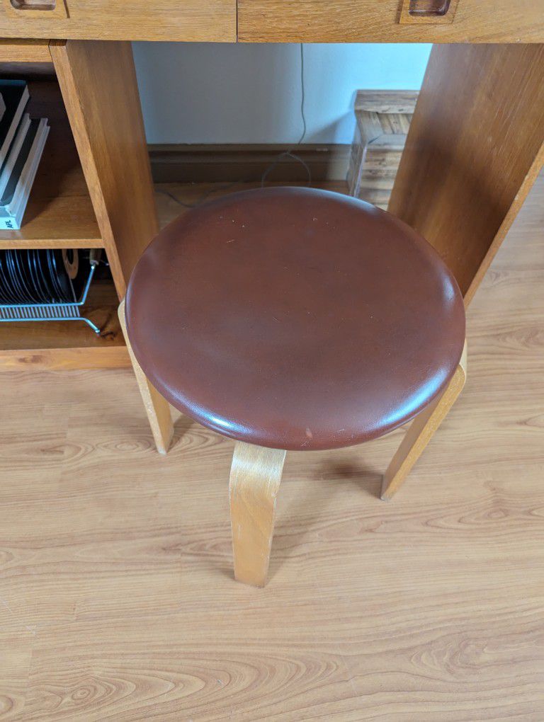 Vintage Mid Century Modern Danish Brown Leather Top Bentwood Stool