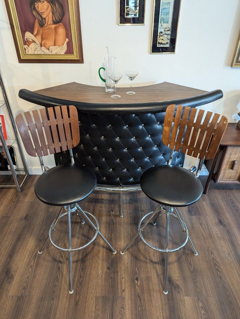 Mid Century Modern Tufted Bar Setup w/ 2 Barstools by Arthur Umanoff