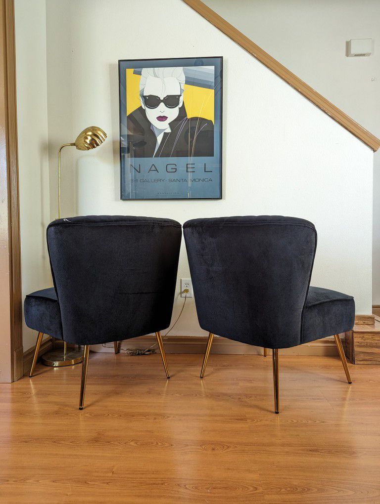 Brand New Pair of Black Velvet Shell Back & Brass Accent Chairs / Art Deco Lounge $100 Each!