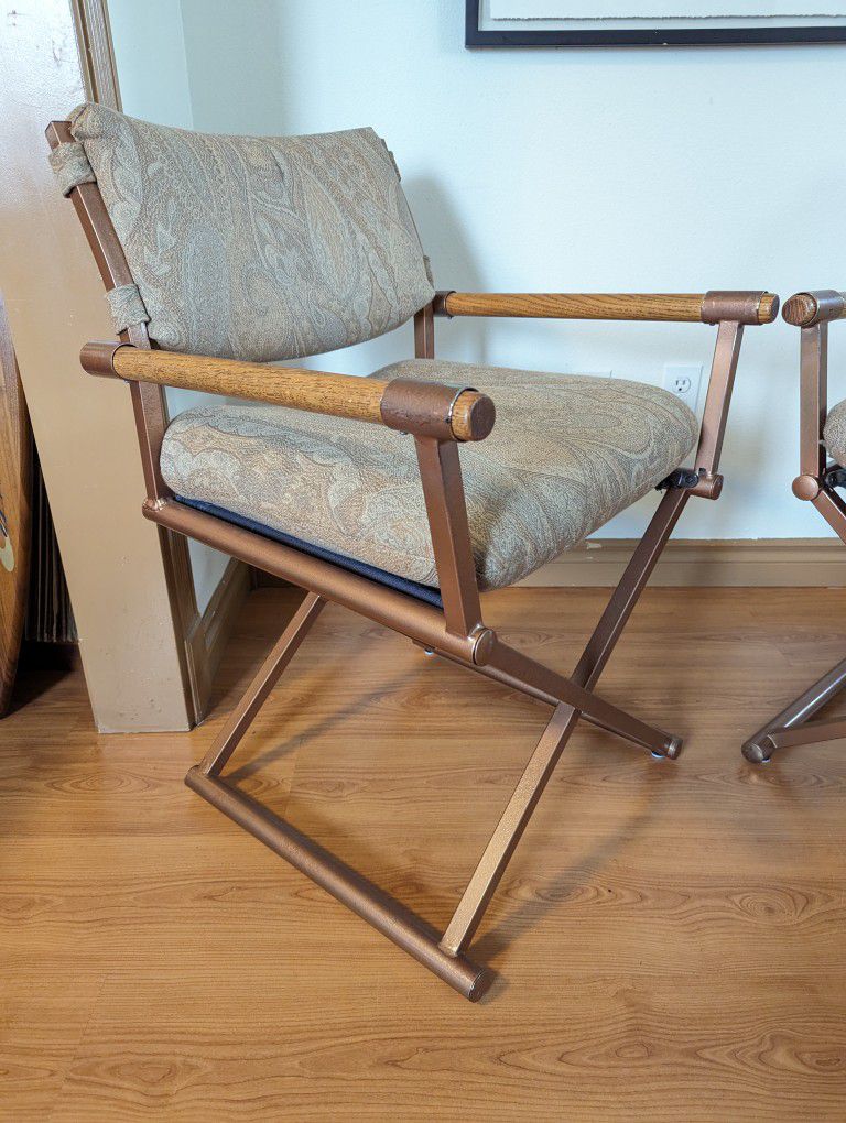 Postmodern Pair of Paisley, Copper & Oak X Framed Directors Chairs