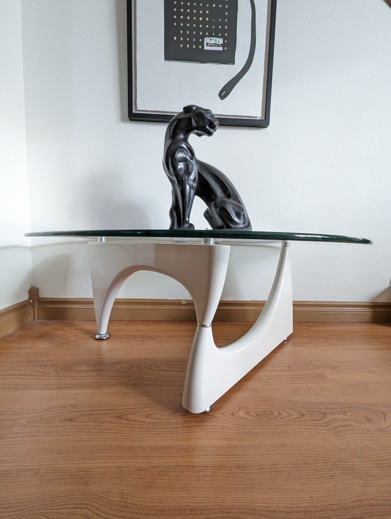 Noguchi Style White Triangular Postmodern Glass Top Coffee Table