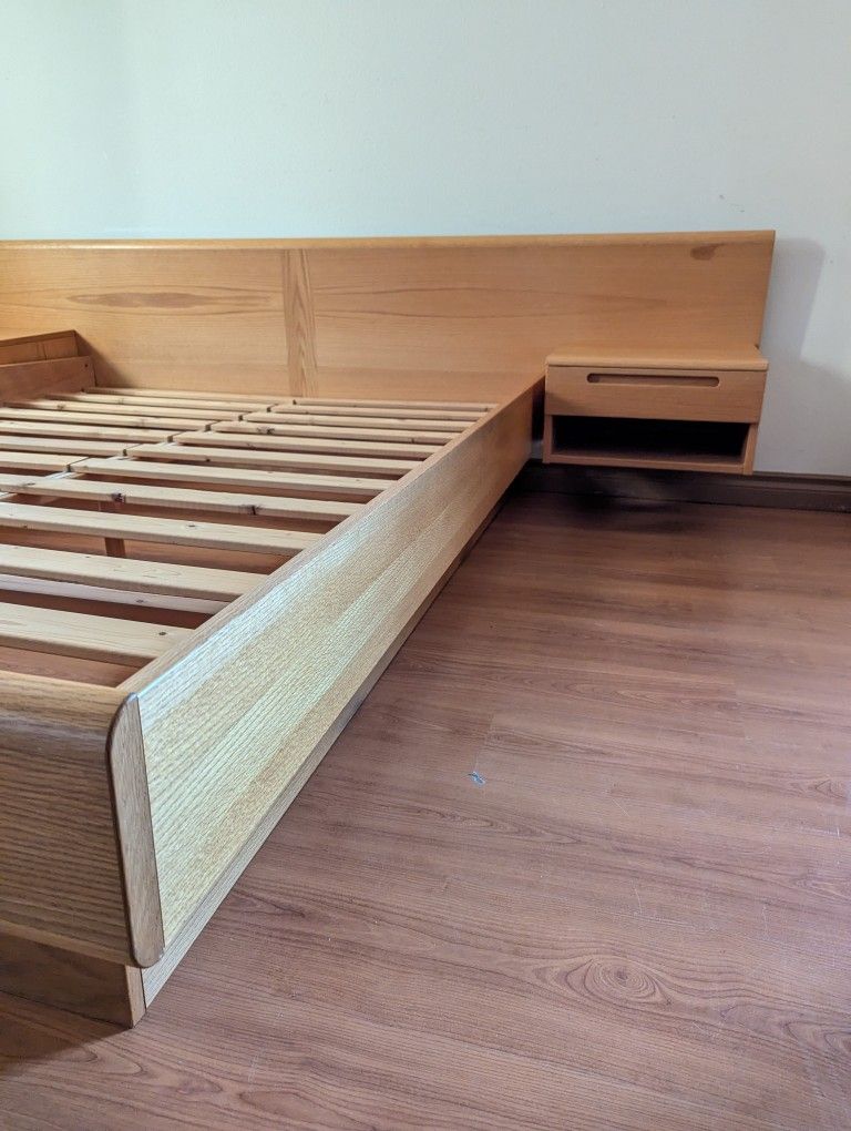 Mid Century Danish Modern Teak Bed Frame w/ Floating Nightstands by Jesper