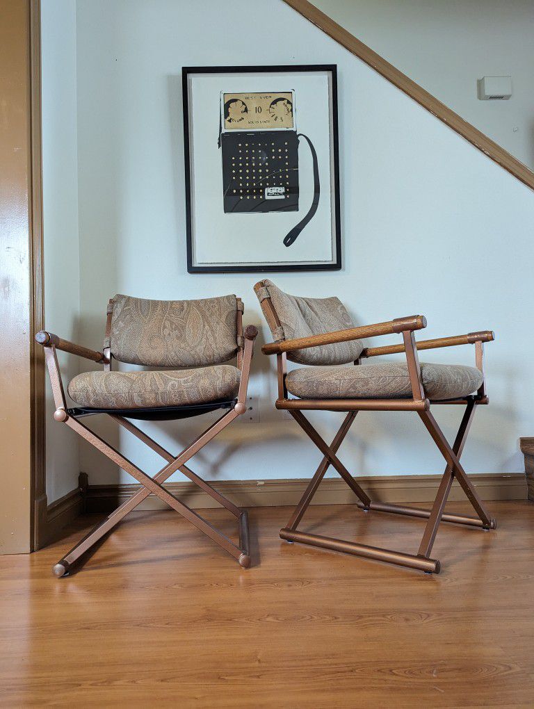 Postmodern Pair of Paisley, Copper & Oak X Framed Directors Chairs