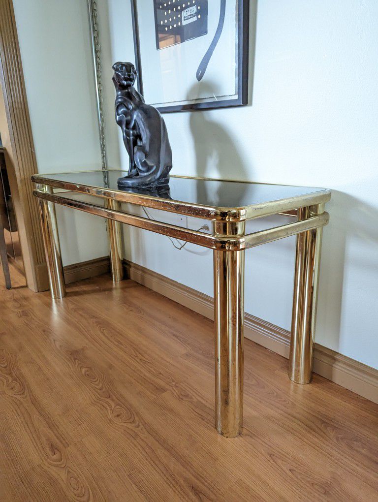 Vintage Postmodern Brass & Smoked Glass Console Table