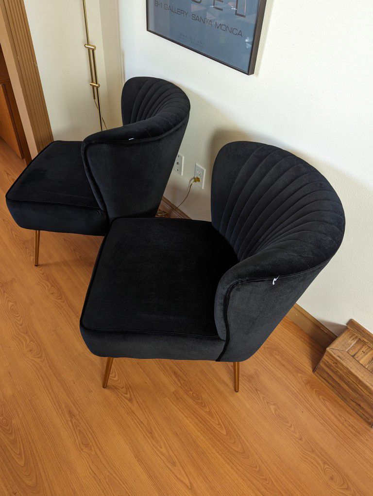 Brand New Pair of Black Velvet Shell Back & Brass Accent Chairs / Art Deco Lounge $100 Each!