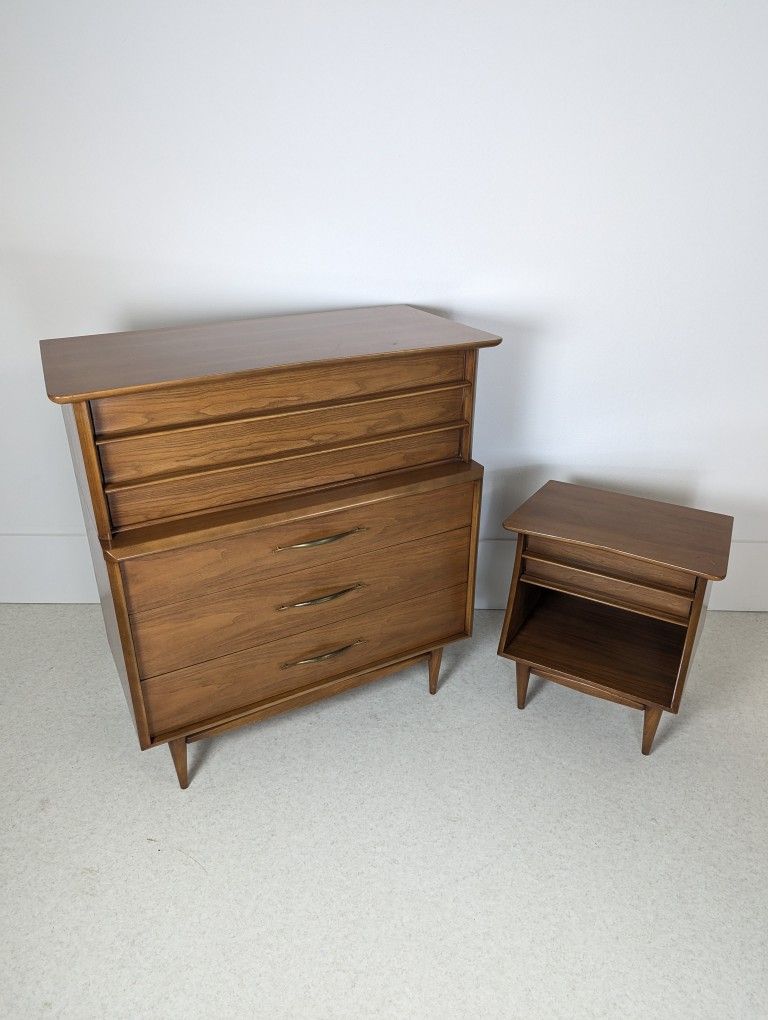 MCM Solid Walnut Highboy Dresser, Nightstand & Full Bed by Kent Coffey