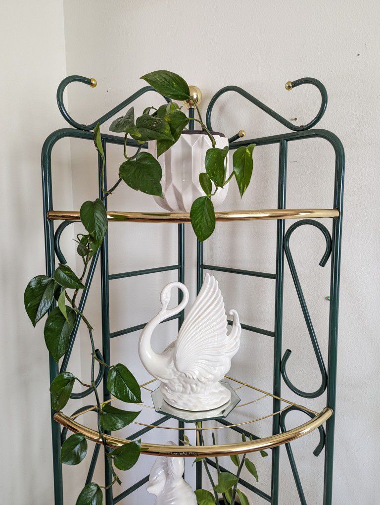 Postmodern Vintage Green & Gold 4 Tiered Corner Plant Shelf Etagere