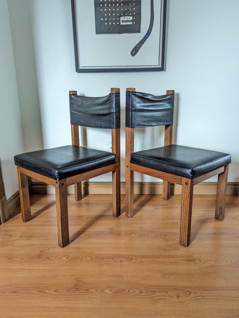 Vintage MCM Pair of Solid Oak & Black Faux Leather Sling Back Chairs $165 Each