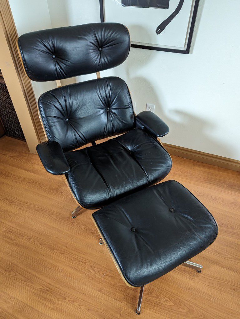 MCM Vintage Eames Black Leather Replica Lounge Chair & Ottoman