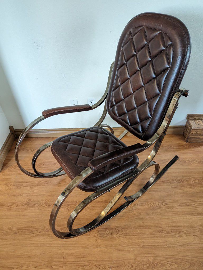 1970's French Chrome & Brown Leather Rocker by Maison Jansen