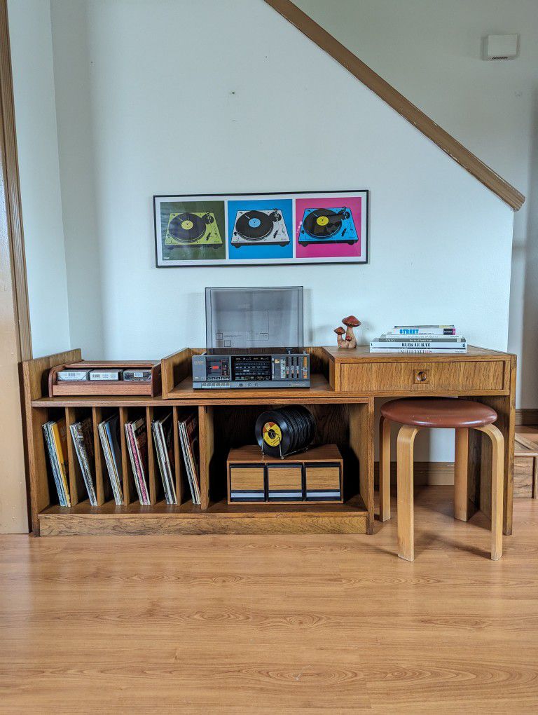 Modular Oak Record Player Stand & Storage Cabinet w/ Bookshelf