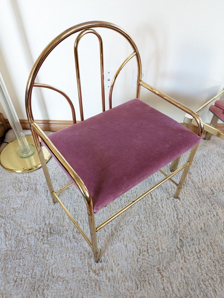 Art Deco Revival Brass Fan Back Vanity Chair w/ Dusty Rose Velvet Fabric